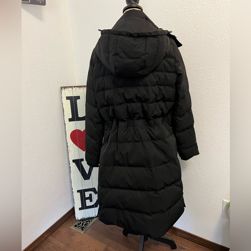 Theory full length black coat with side zippers and detachable hood.